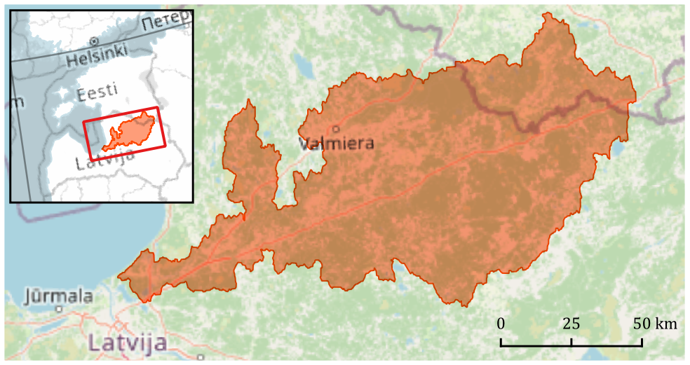 Gauja-Koiva river basin map
